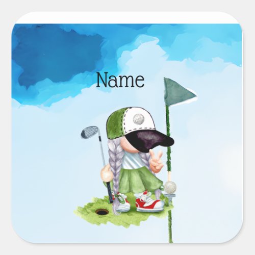 Golfer watercolor on green grass with blue sky  sq square sticker