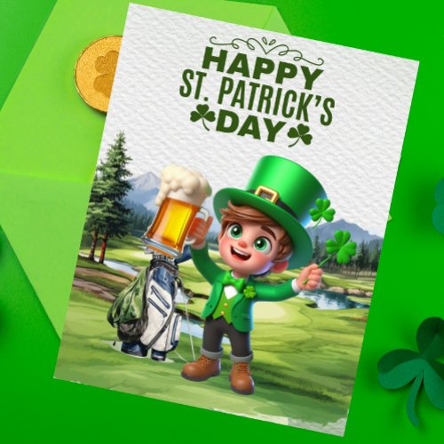 Golfer with  Beer  Shamrock  St Patricks Day   Holiday Card