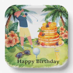 Golfer with cake on golf course for birthday paper plates