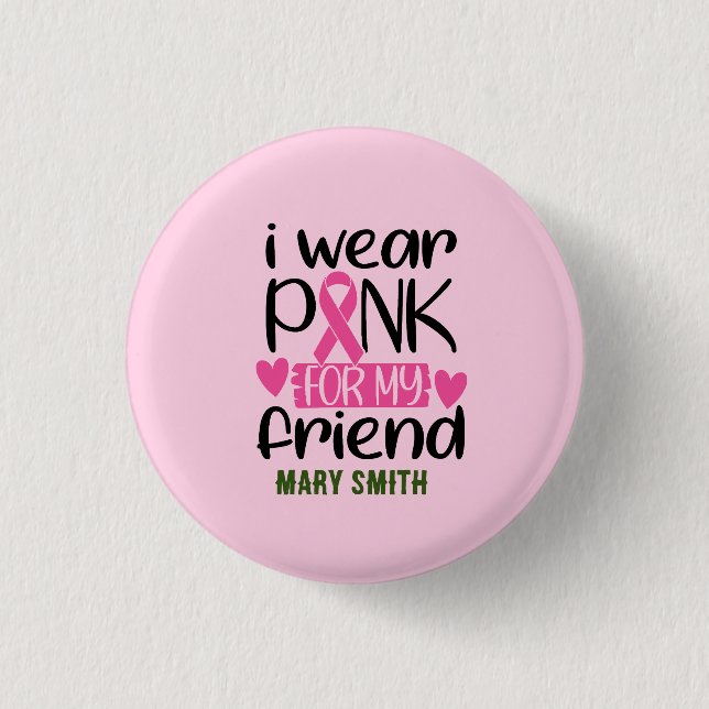 Golfer woman Breast Cancer Awareness Pink Name Button (Front)
