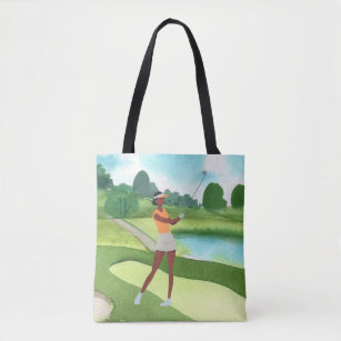 Golfer woman golfing on green grass blue sky   tote bag