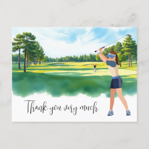 Golfer woman in golf course watercolor for golfer postcard