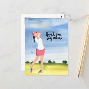 Golfer woman is golfing thank you card