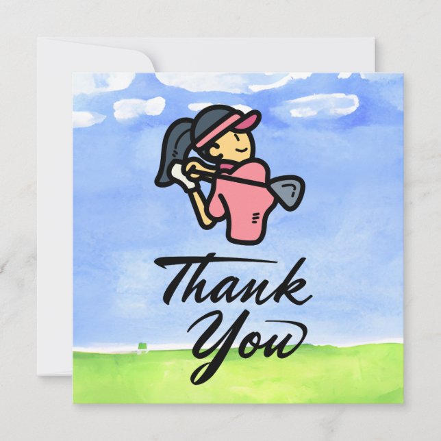 Golfer woman is golfing  thank you card (Front)