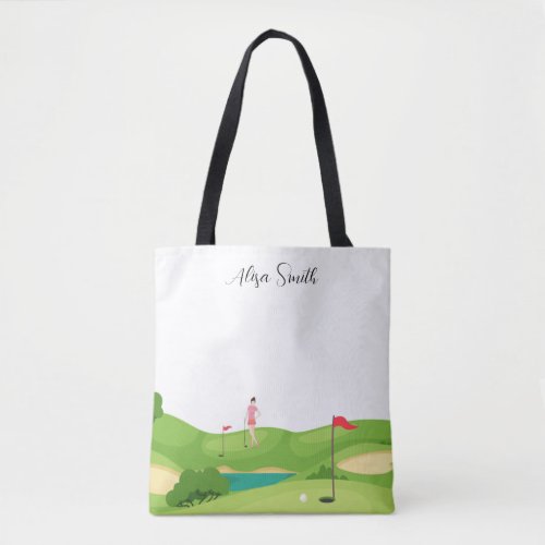 Golfer Woman is on green grass in golf course     Tote Bag