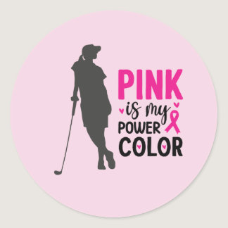 Golfer woman on breast cancer awareness pink    classic round sticker