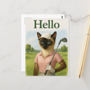 Golfer woman with Hello Text on Green Postcard