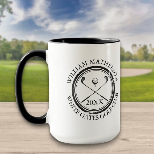 Golfers and Club Name Date Black and White Golf Mug