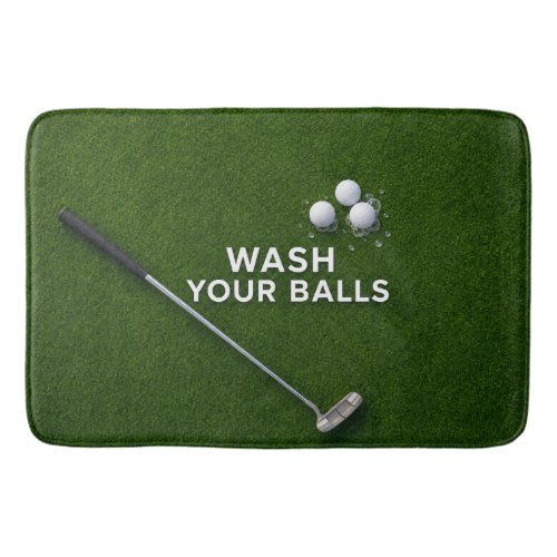 Golfer's bathroom with golf balls and putter bath mat