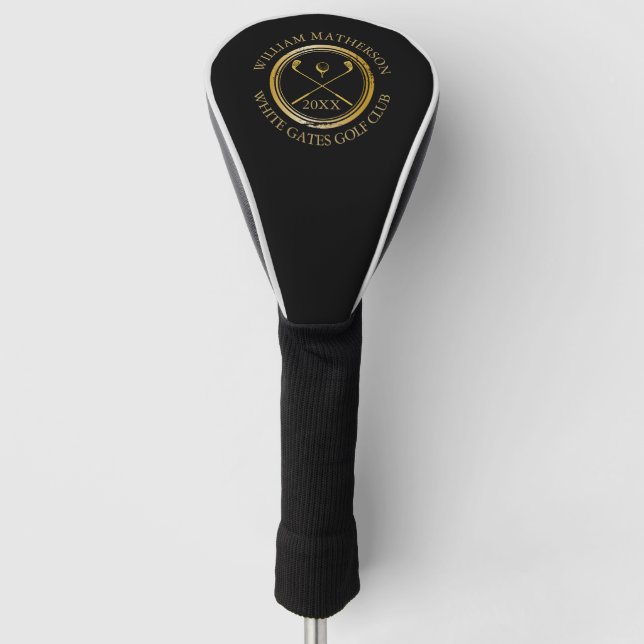 Golfers Club Name Date Black and Gold Golf Head Cover (Front)