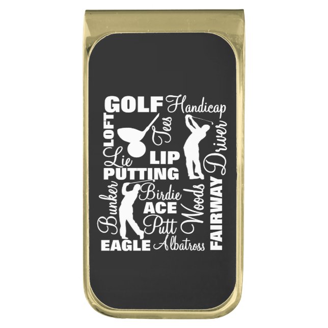 Golfers Golf Terminology Text Graphic Gold Finish Money Clip (Front Vertical)