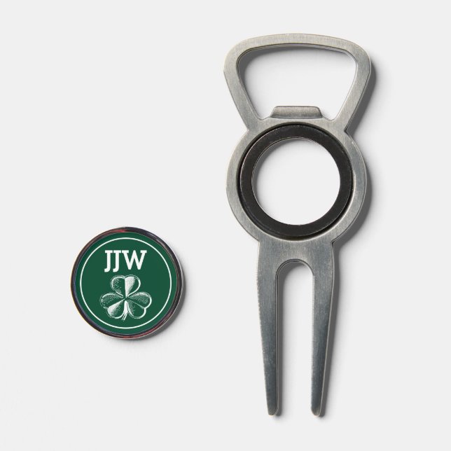 Golfers Monogram Shamrock Green Golf Accessory Divot Tool (Front (Open))