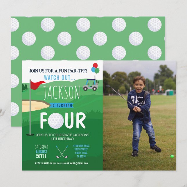 Golfing 4th Birthday Four Golf Course Clubs Photo Invitation (Front/Back)