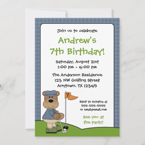 Golfing Bear Kids Birthday Party Invitations