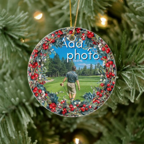 Golfing Christmas Wreath add your photo red Ceramic Ornament