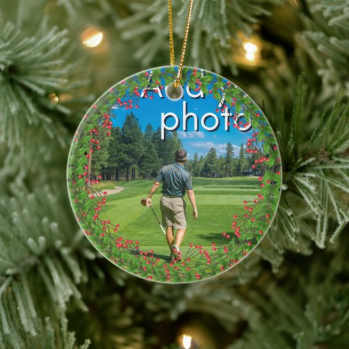 Golfing Christmas Wreath add your photo red Ceramic Ornament
