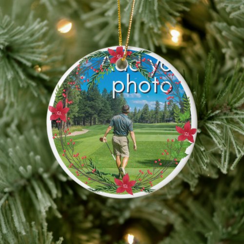 Golfing Christmas Wreath add your photo red Ceramic Ornament