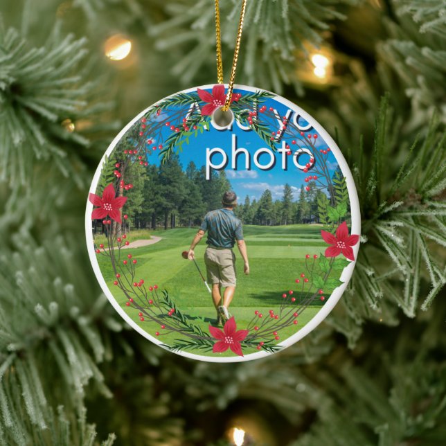 Golfing Christmas Wreath add your photo red Ceramic Ornament (Tree)