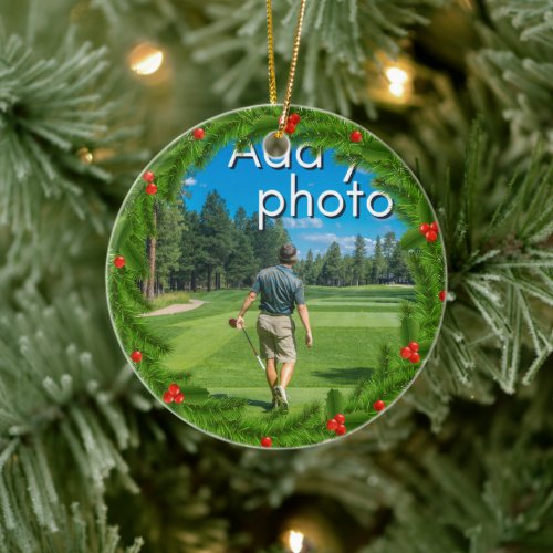 Golfing Christmas Wreath add your photo red Ceramic Ornament