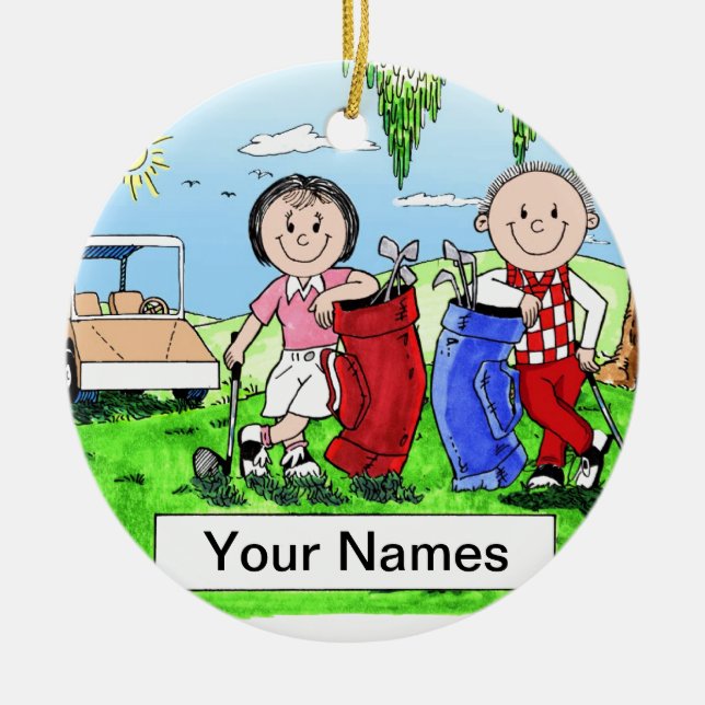 Golfing Couple - Personalized Cartoon Gift Ceramic Ornament (Front)