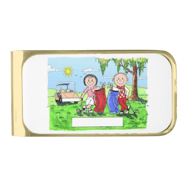 Golfing Couple - Personalized Cartoon Gold Finish Money Clip (Front)