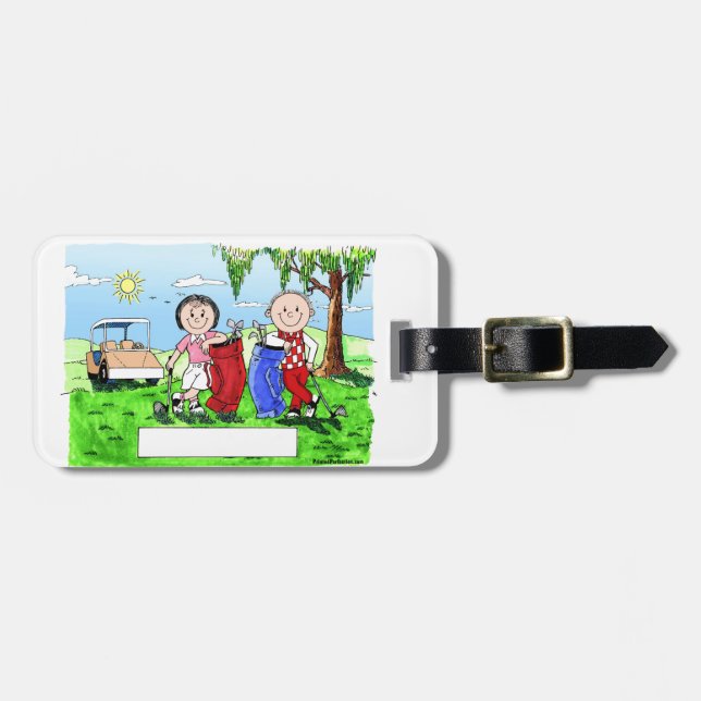 Golfing Couple - Personalized Cartoon Luggage Tag (Front Horizontal)