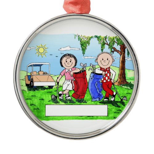 Golfing Couple - Personalized Cartoon Metal Ornament