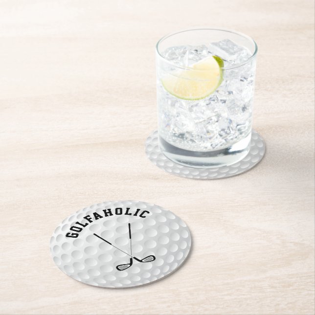 Golfing crossed clubs custom text golf ball round paper coaster (Insitu)