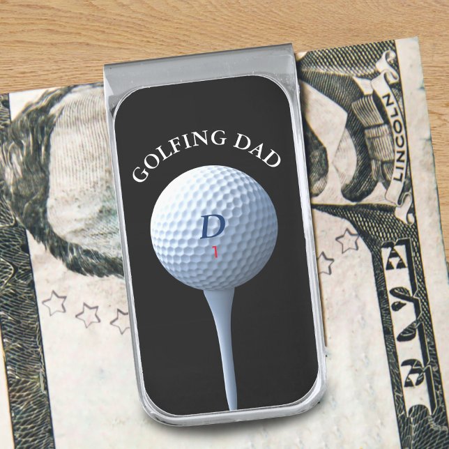 Golfing Dad Teeing Off Golfer Monogram Money Clip (Perfect gift for your golfing dad. Just add his name. initial and golf ball number)