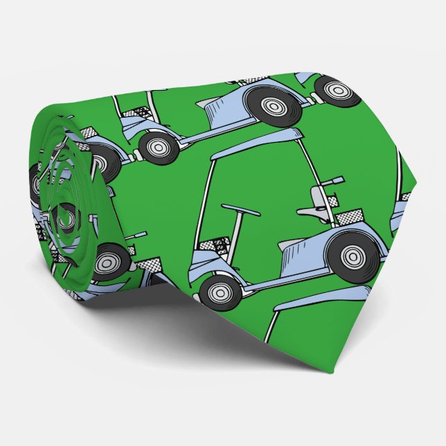 Golfing. Golf car, golf cart. Blue-green Neck Tie (Rolled)