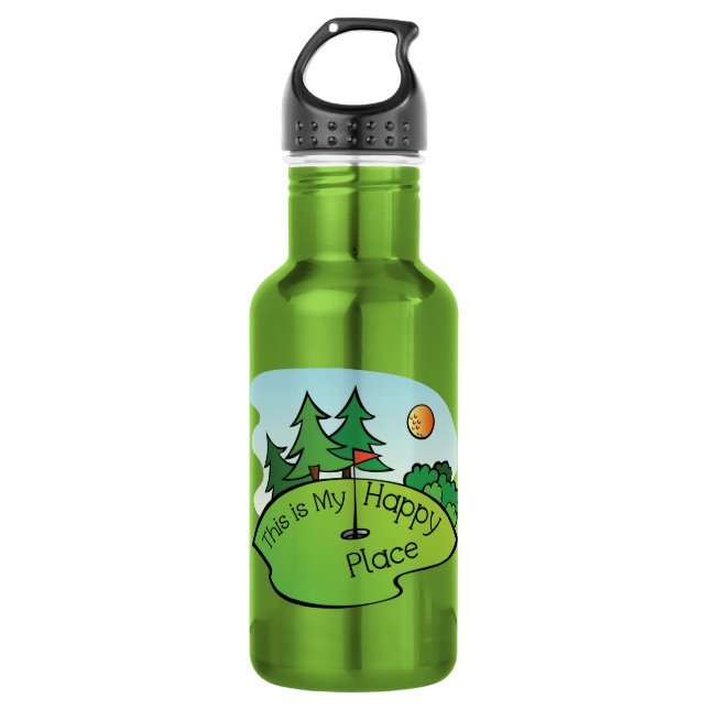 Golfing Golf Course Hole Happy Place Water Bottle (Front)