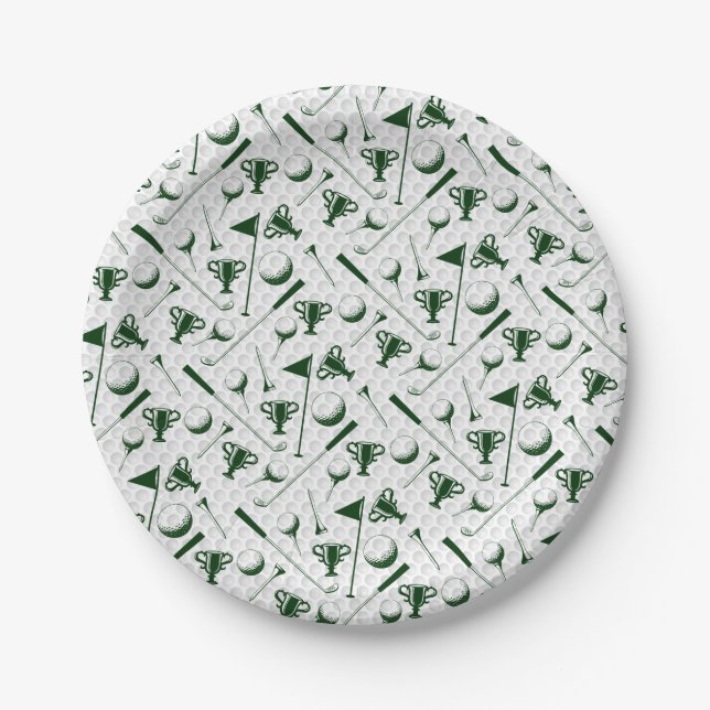 Golfing Green White Golf Ball Trophy Clubs Flag Paper Plates (Front)