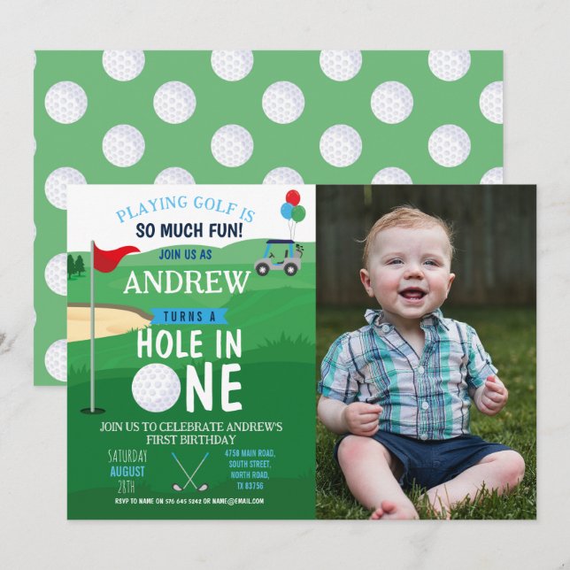 Golfing Hole in One First Birthday Invite Photo (Front/Back)