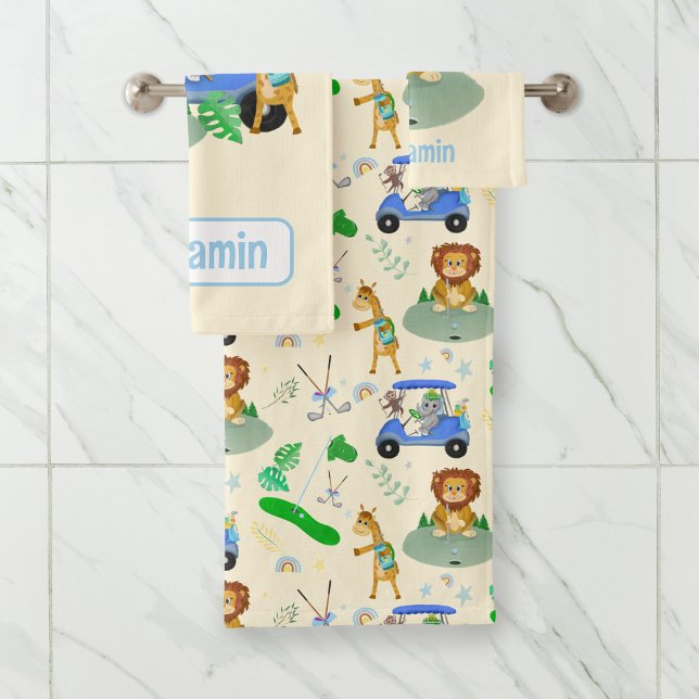 Golfing Jungle Animals Baby Personalize  Bath Towel Set (Creator Uploaded)