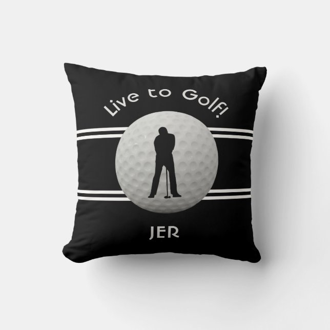 Golfing Live to Golf Monogrammed Golfer Black Throw Pillow (Front)