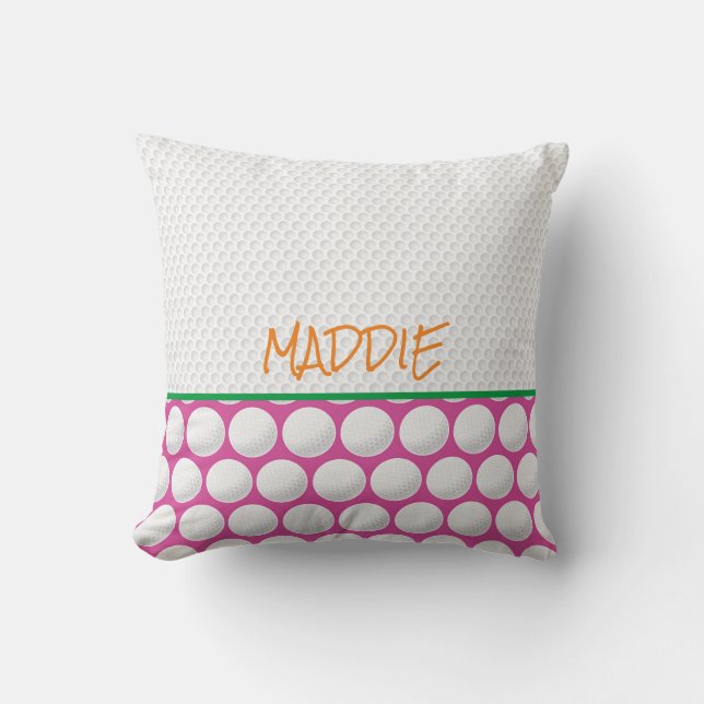 Golfing Name Modern Pink Green Orange Golfer Throw Pillow (Front)