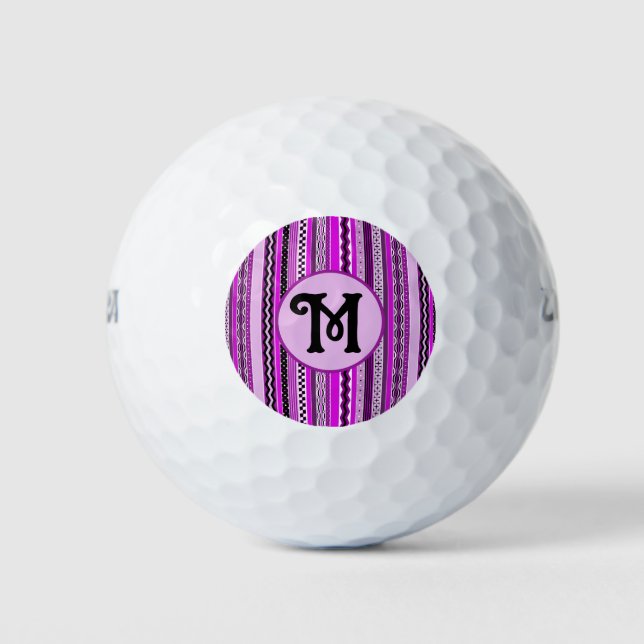 Golfing Purple Stripes Personalized Monogrammed Golf Balls (Front)