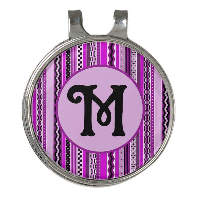 Golfing Purple Stripes Personalized Monogrammed Golf Hat Clip (Front)