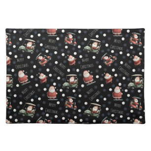 Golfing Santa on Black Cloth Placemat