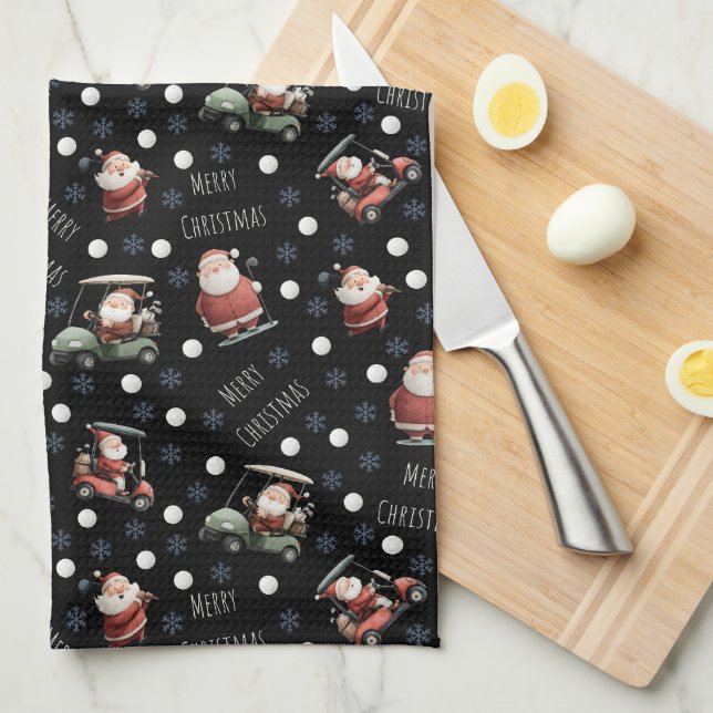 Golfing Santa on Black Kitchen Towel (Quarter Fold)