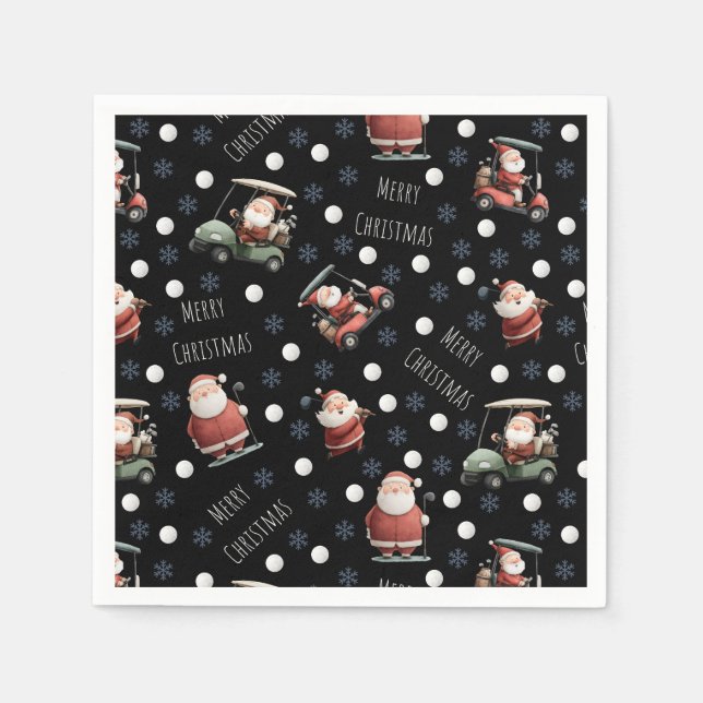 Golfing Santa on Black Napkins (Front)
