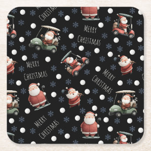 Golfing Santa on Black Paper Coaster