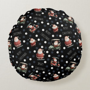 Golfing Santa on Black Round Pillow