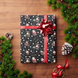 Golfing Santa on Black Wrapping Paper