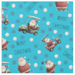 Golfing Santa on Bright Turquoise Blue Fabric