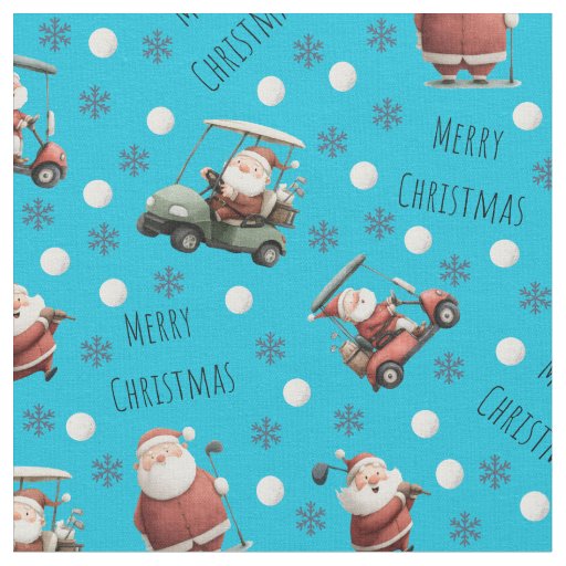 Golfing Santa on Bright Turquoise Blue Fabric
