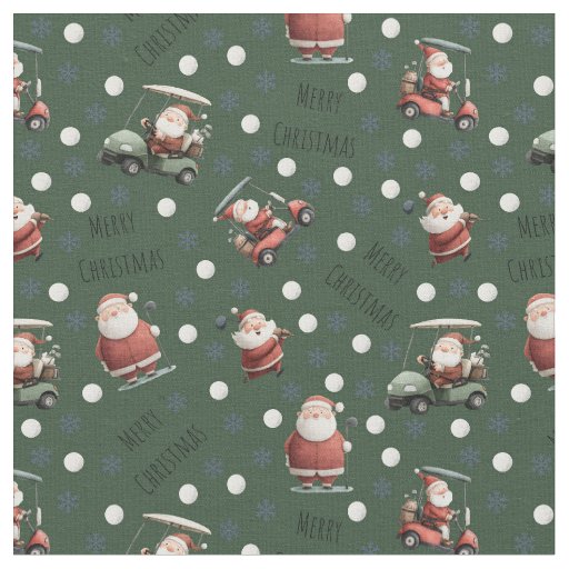 Golfing Santa on Dark Green Fabric