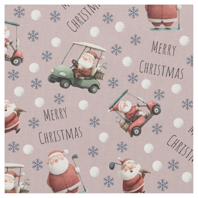 Golfing Santa on Dusty Rose Fabric (Close Up)