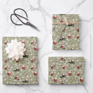 Golfing Santa on Khaki Brown Wrapping Paper Sheets