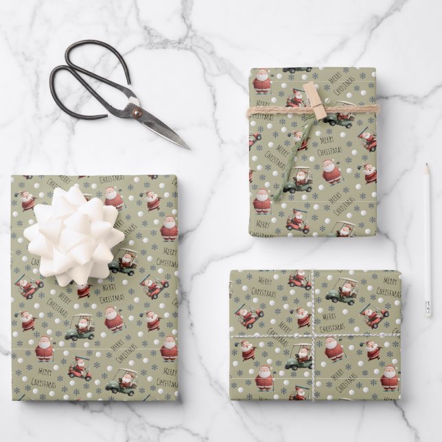 Golfing Santa on Khaki Brown Wrapping Paper Sheets (Front)